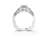 Silver Fancy Pink Emerald  Solitaire Diamond Engagement Ring with Pave Band and Four-Prong Setting 4