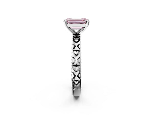 Sterling Silver Emerald Cut XO Engraved Engagement Ring Setting for Fancy Pink Center