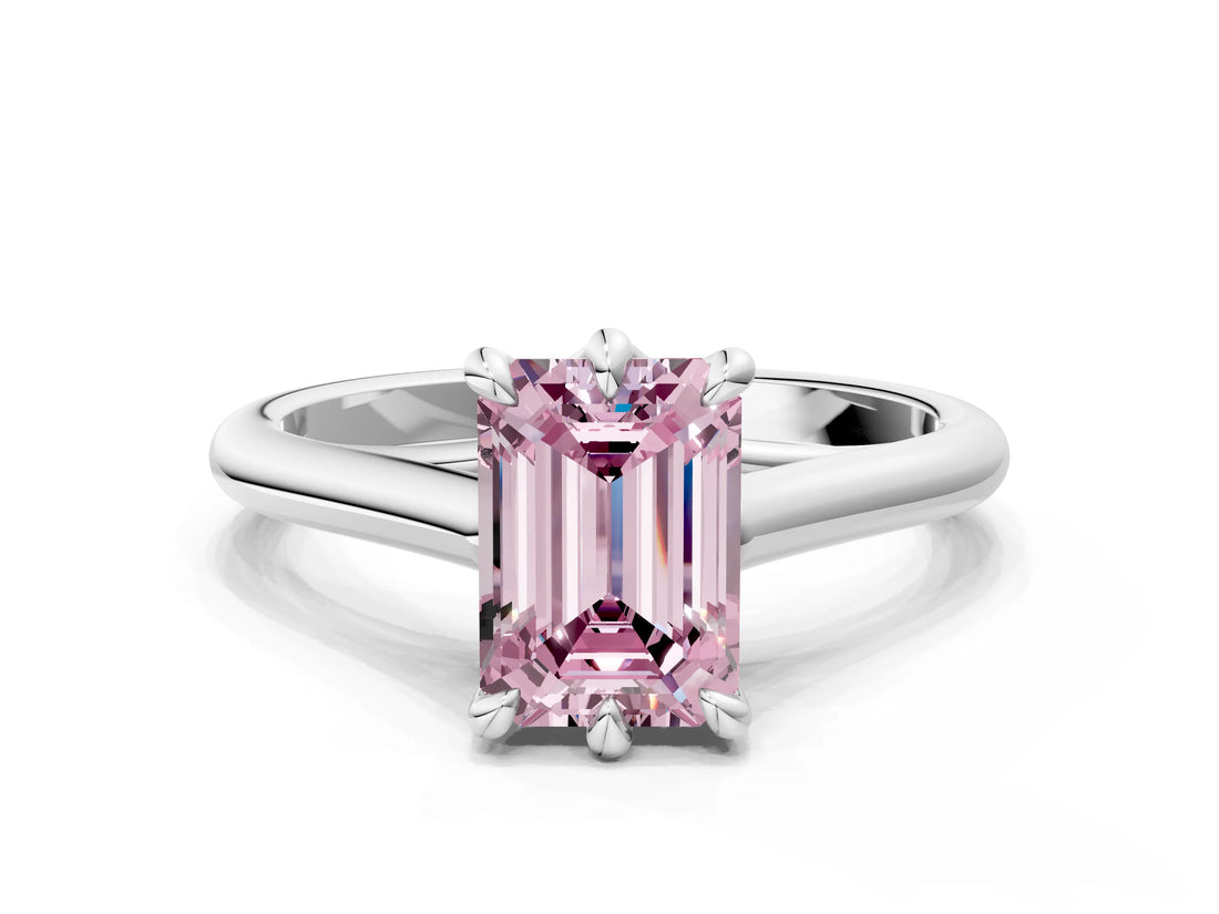 Silver Fancy Pink Emerald  Solitaire Engagement Ring with Six-Prong Setting and Classic Band