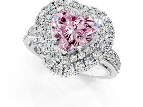 Silver Fancy Pink Heart Cut Diamond Double Halo Ring with Pavé Band and Four-Prong Setting