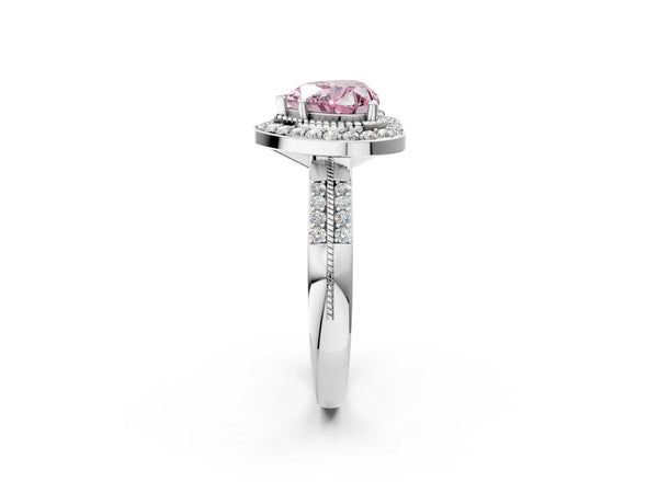 Silver Fancy Pink Heart Cut Diamond Double Halo Ring with Split Shank and Four-Prong Setting