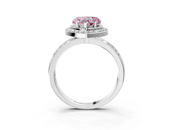 Silver Fancy Pink Heart Cut Diamond Double Halo Ring with Split Shank and Four-Prong Setting