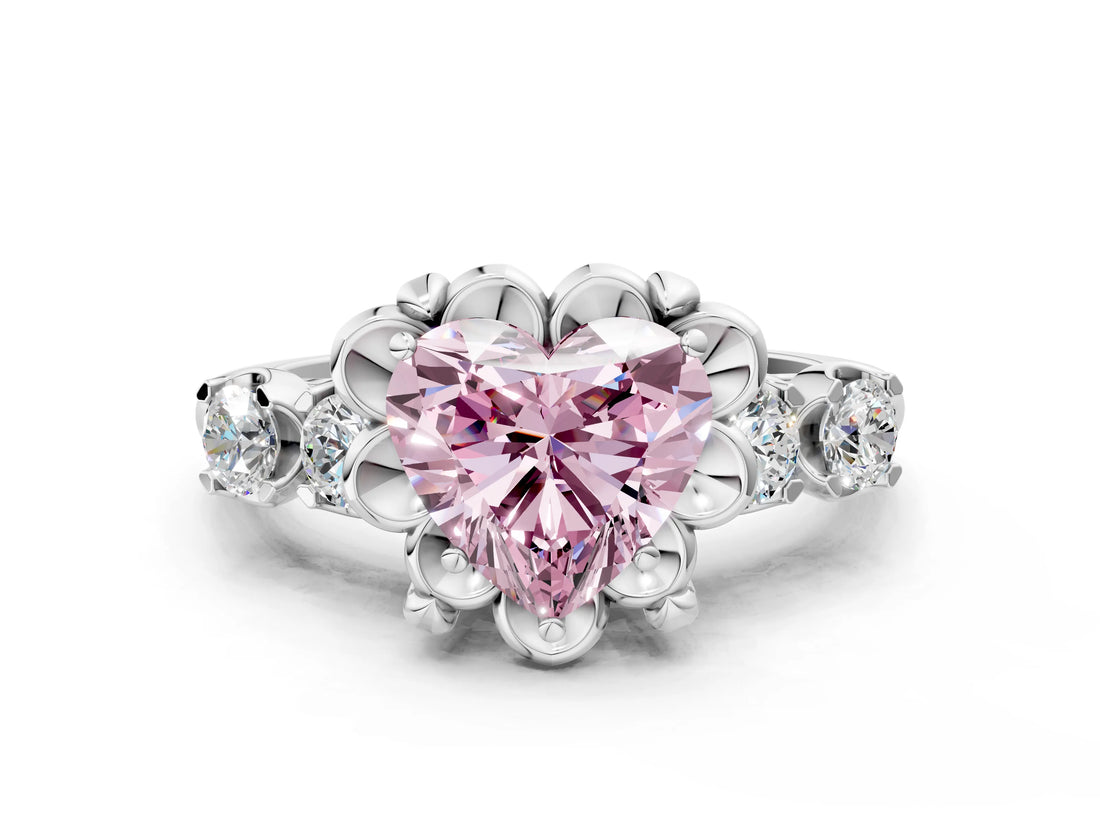 Silver Fancy Pink Heart  Cut Diamond Floral Halo Engagement Ring with Shared Prong Setting