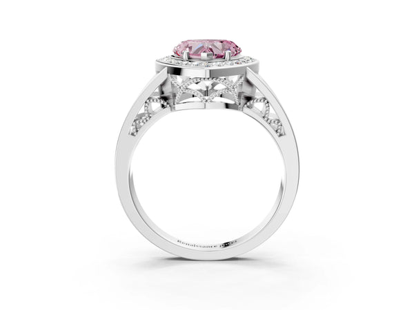 Sterling Silver Heart-Shaped Channel Set Halo Engagement Ring Setting for Fancy Pink Center