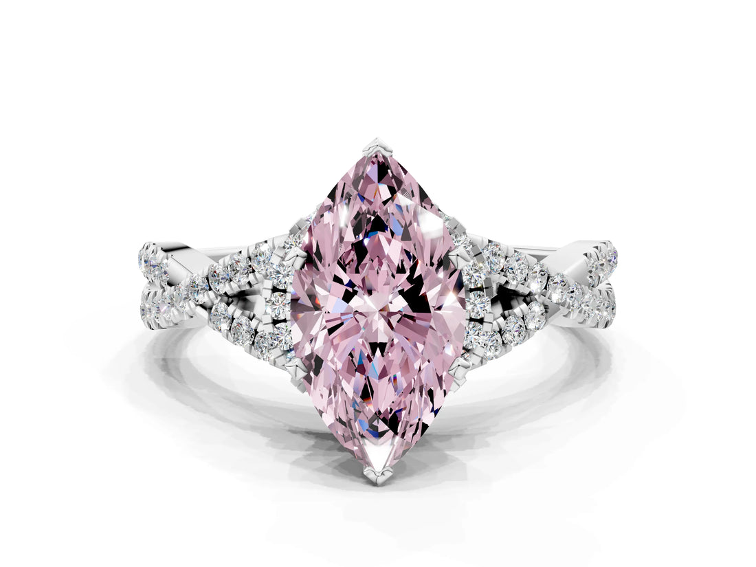 Silver Fancy Pink Heart Cut Diamond  Halo Twist Band Solitaire Prong Setting Ring_12