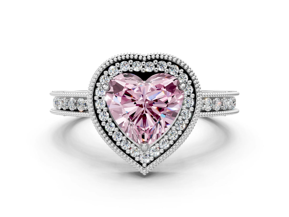 Silver Fancy Pink Heart Cut Diamond Milgrain Halo Engagement Ring with Round Pavé Band and Prong Setting_27