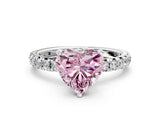 Silver Fancy Pink Heart Cut Diamond Pavé Solitaire Ring with Round Band and Prong Setting