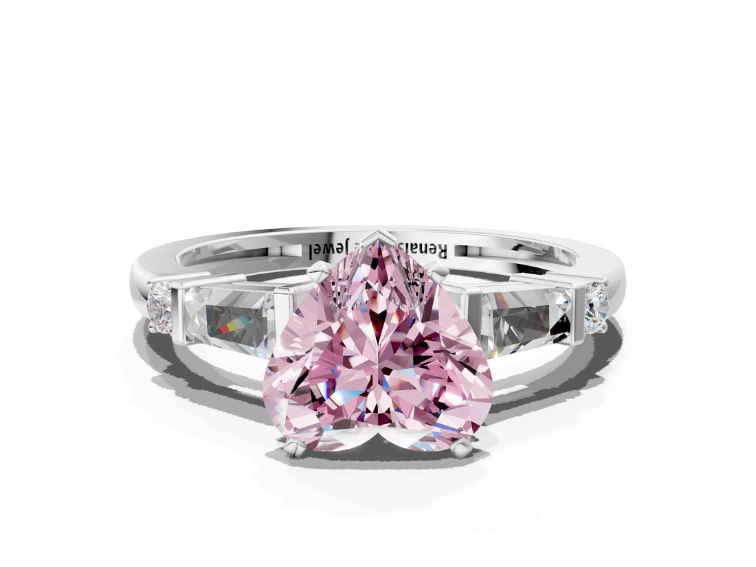 Silver Fancy Pink Heart  Cut Diamond Ring with Baguette Side Stones, Channel Set Band, and Four-Prong Setting_24