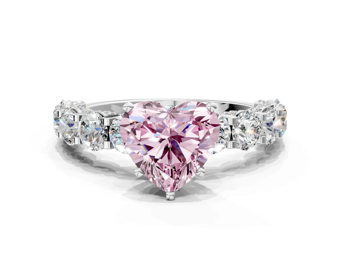 Silver Fancy Pink Heart Cut Diamond Side Stone Engagement Ring with Four-Prong Setting_12