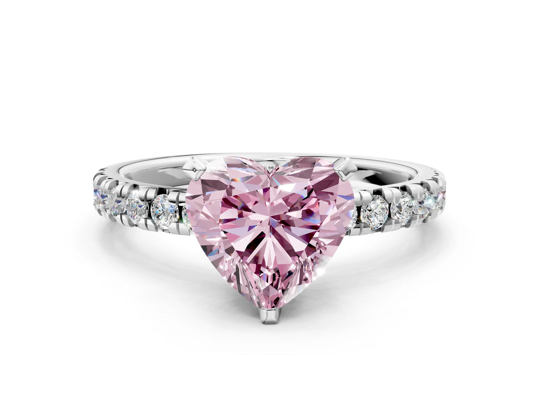 Silver Fancy Pink Heart Cut Diamond Solitaire Pavé Engagement Ring with Round Band and Prong Setting_1