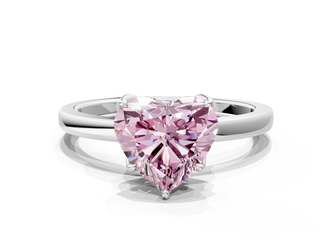Silver Fancy Pink Heart Cut Diamond Solitaire Ring with Thin Band and Prong Setting