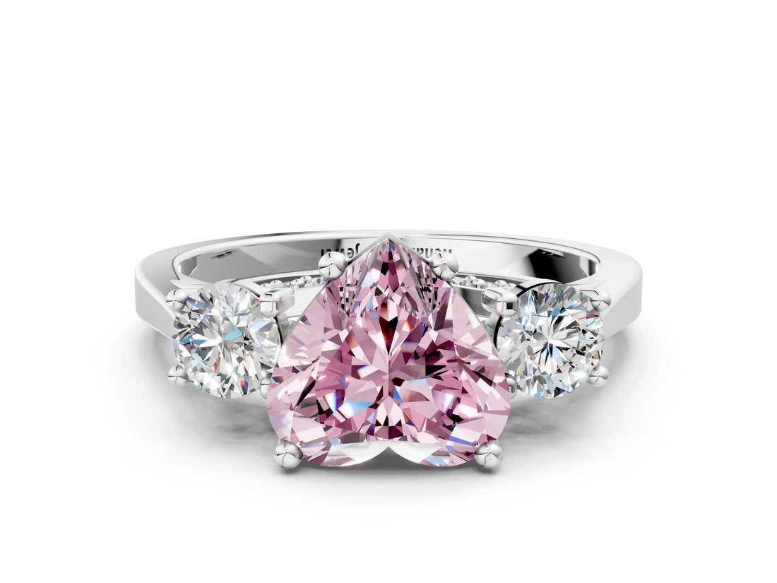 Silver Fancy Pink Heart Cut Diamond Three-Stone Engagement Ring with Prong Setting and Pavé Band_6