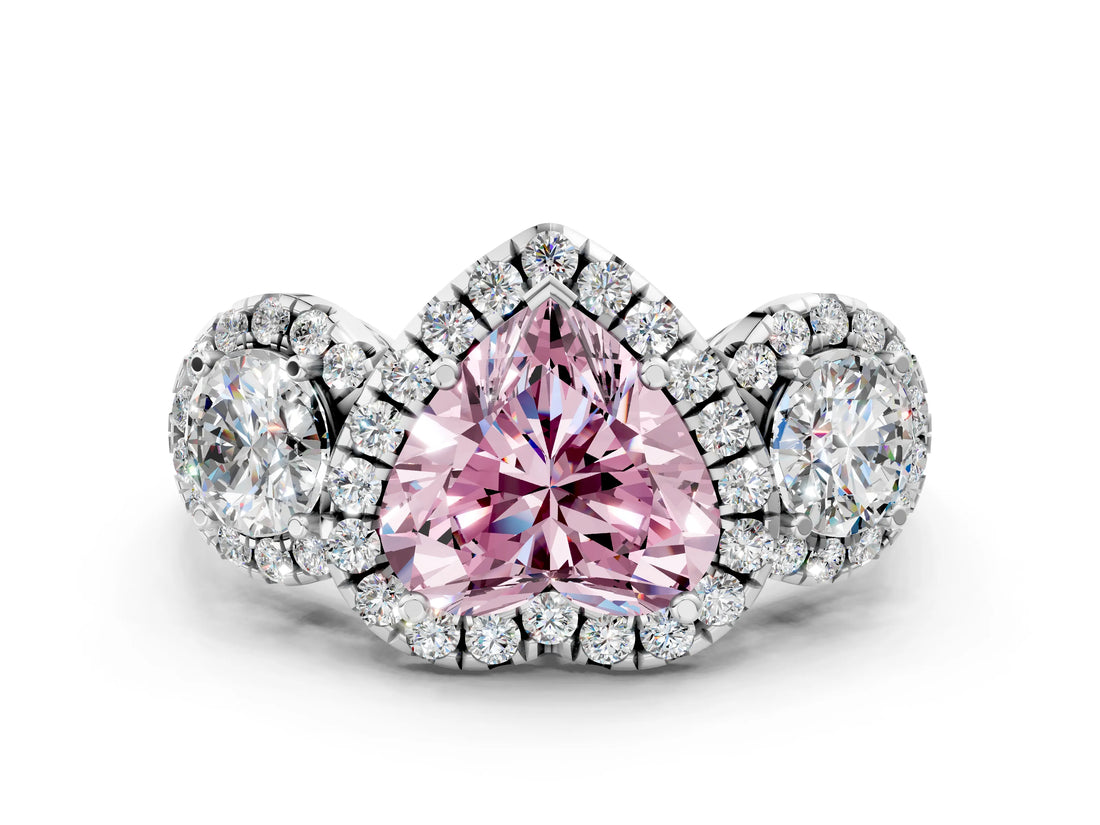 Silver Fancy Pink Heart Cut Diamond Three-Stone Halo Ring with Prong Setting and Pavé Accents_6