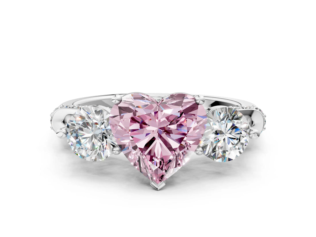 Silver Fancy Pink Heart Cut Diamond Three-Stone Ring with Prong Setting and Pavé Band_6