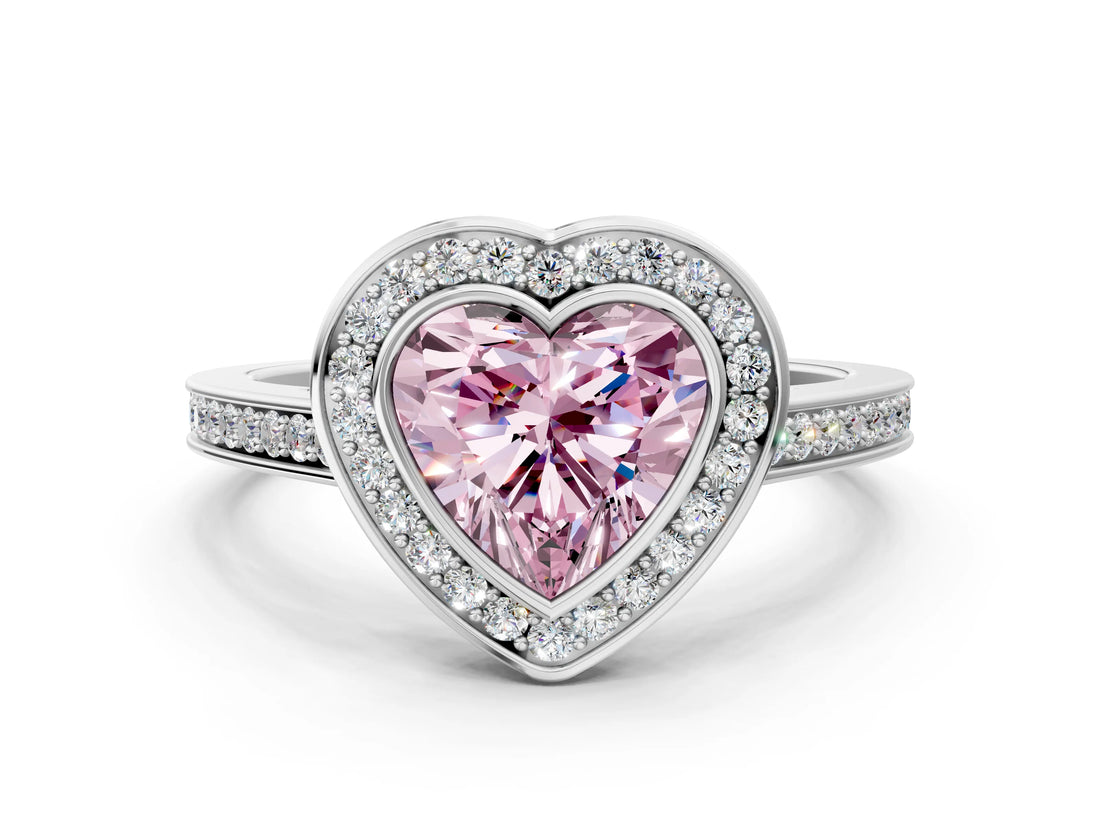 Silver Fancy Pink Heart Cut Halo Bezel Diamond Pave Band Ring_6