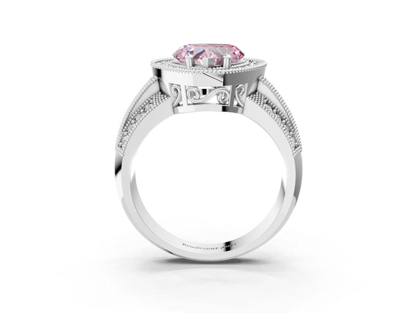 Silver Fancy Pink Heart Cut Halo Diamond Engagement Ring with Pave Split Shank and Four-Prong Setting