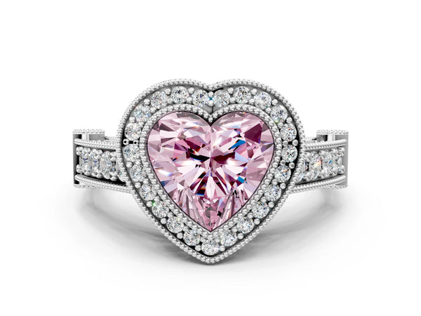 Sterling Silver Heart-Shaped Vintage Bezel Halo Engagement Ring Setting for Fancy Pink Center