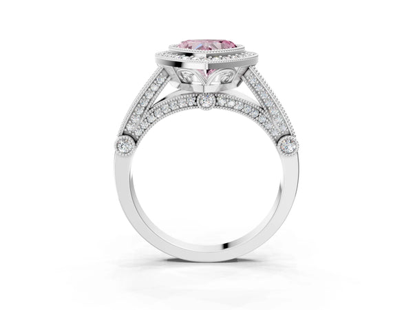 Sterling Silver Heart-Shaped Vintage Bezel Halo Engagement Ring Setting for Fancy Pink Center