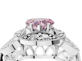 Silver Fancy Pink Heart Cut Halo Milgrain Diamond Engagement Ring with Leaf Band and Four-Prong Setting_10