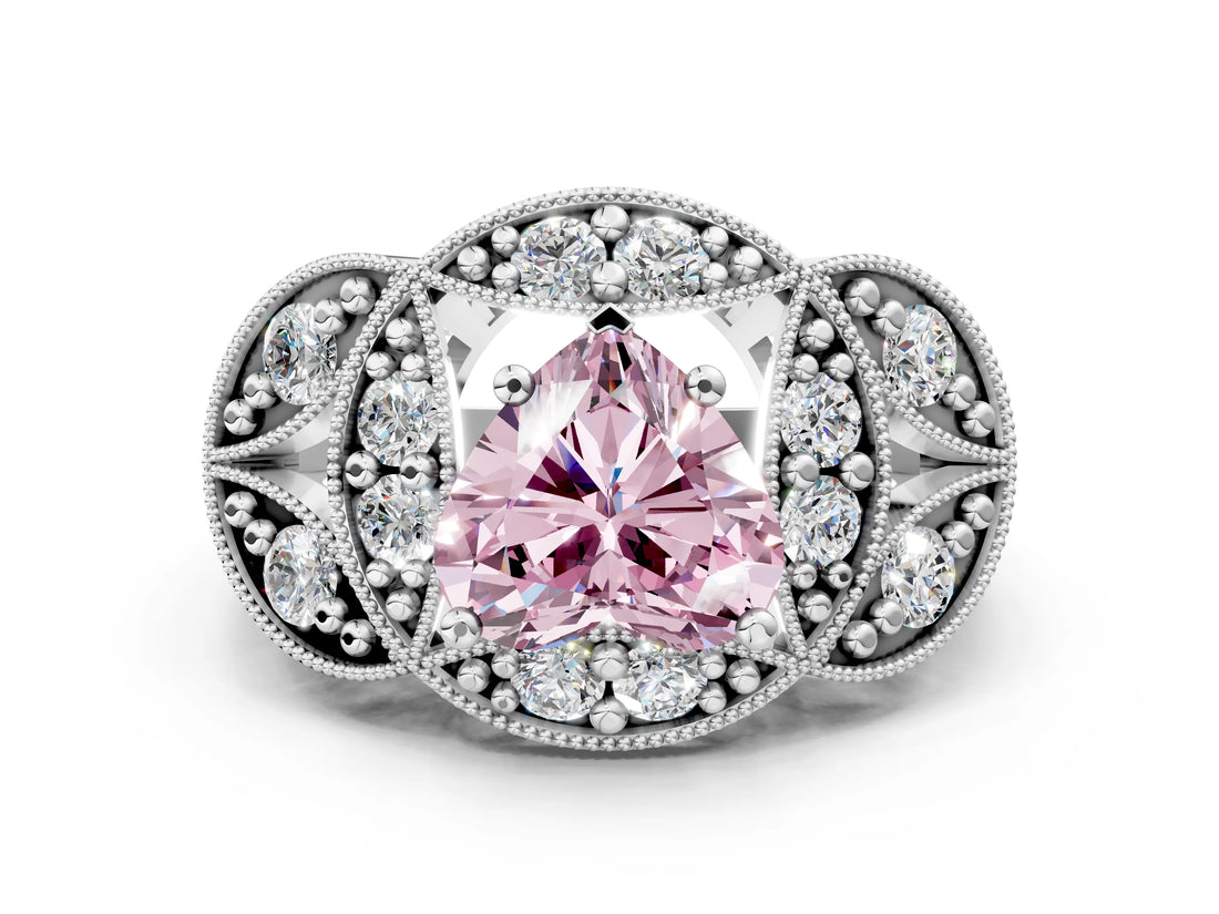 Silver Fancy Pink Heart Cut Halo Milgrain Diamond Engagement Ring with Leaf Band and Four-Prong Setting_6