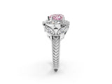 Silver Fancy Pink Heart Cut Halo Milgrain Diamond Engagement Ring with Leaf Band and Four-Prong Setting_8