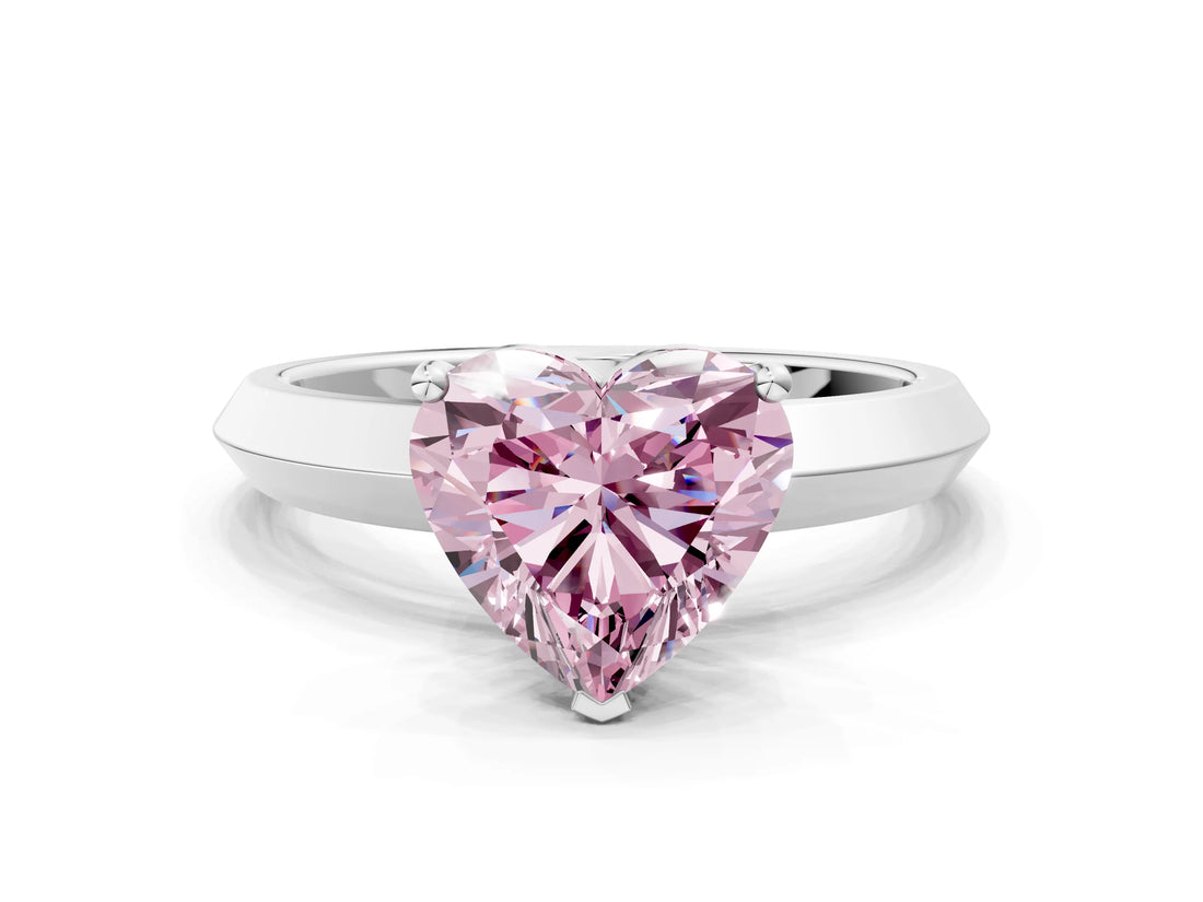Silver Fancy Pink Heart  Cut Solitaire Engagement Ring with Flat Band and Four-Prong Setting 1