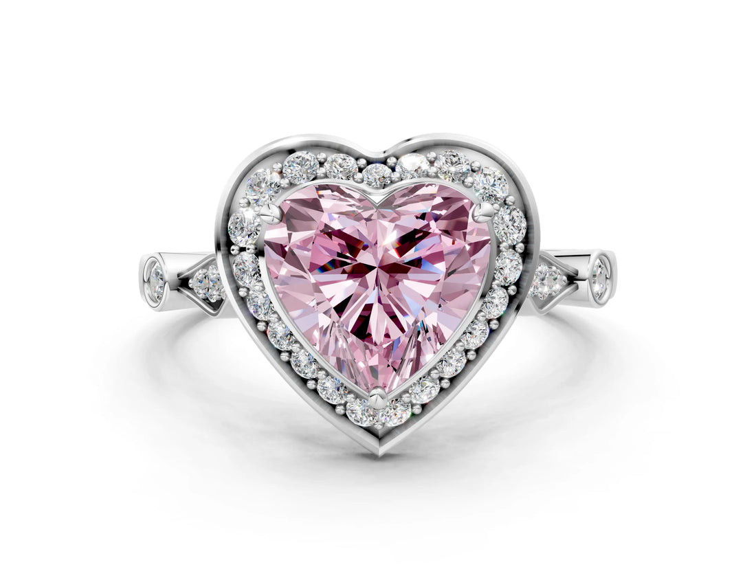 Silver Fancy Pink Heart  Halo Diamond Engagement Ring with Twisted Band and Four-Prong Setting