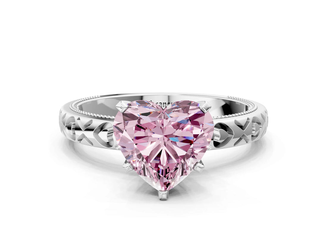 Silver Fancy Pink Heart  Solitaire Diamond Engagement Ring with XO Engraved Band and Four-Prong Setting
