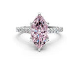 Silver Fancy Pink Marquise  Brilliant Diamond Solitaire with Pavé Band and Four-Prong Setting