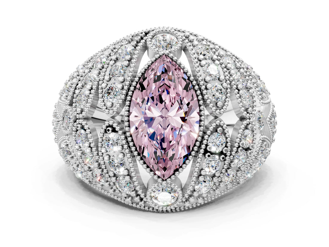 Silver Fancy Pink Marquise Cut Brilliant Halo Pave Diamond Milgrain Ring_6