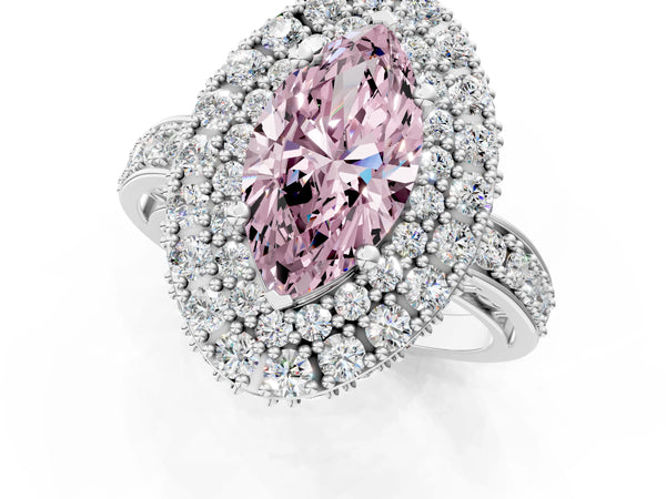 Silver Fancy Pink Marquise Cut Diamond Double Halo Ring with Pavé Band and Four-Prong Setting