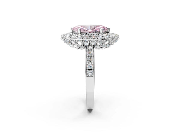 Silver Fancy Pink Marquise Cut Diamond Double Halo Ring with Pavé Band and Four-Prong Setting