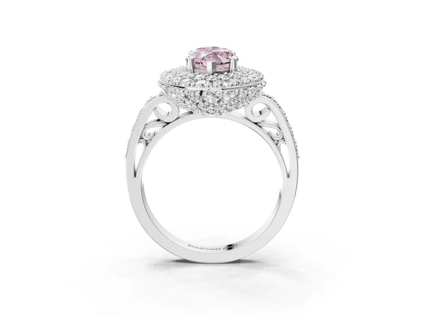 Silver Fancy Pink Marquise Cut Diamond Double Halo Ring with Pavé Band and Four-Prong Setting