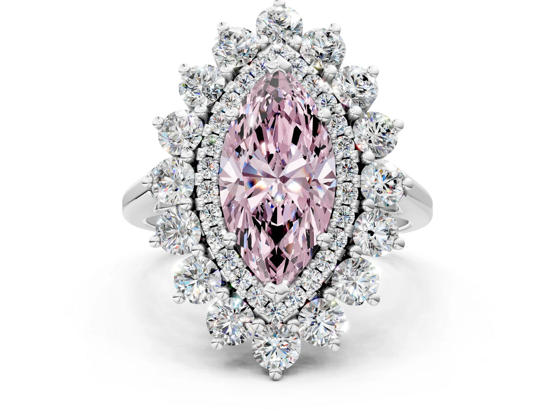 Silver Fancy Pink Marquise Cut Diamond Floral Double Halo Engagement Ring with Prong Setting_150