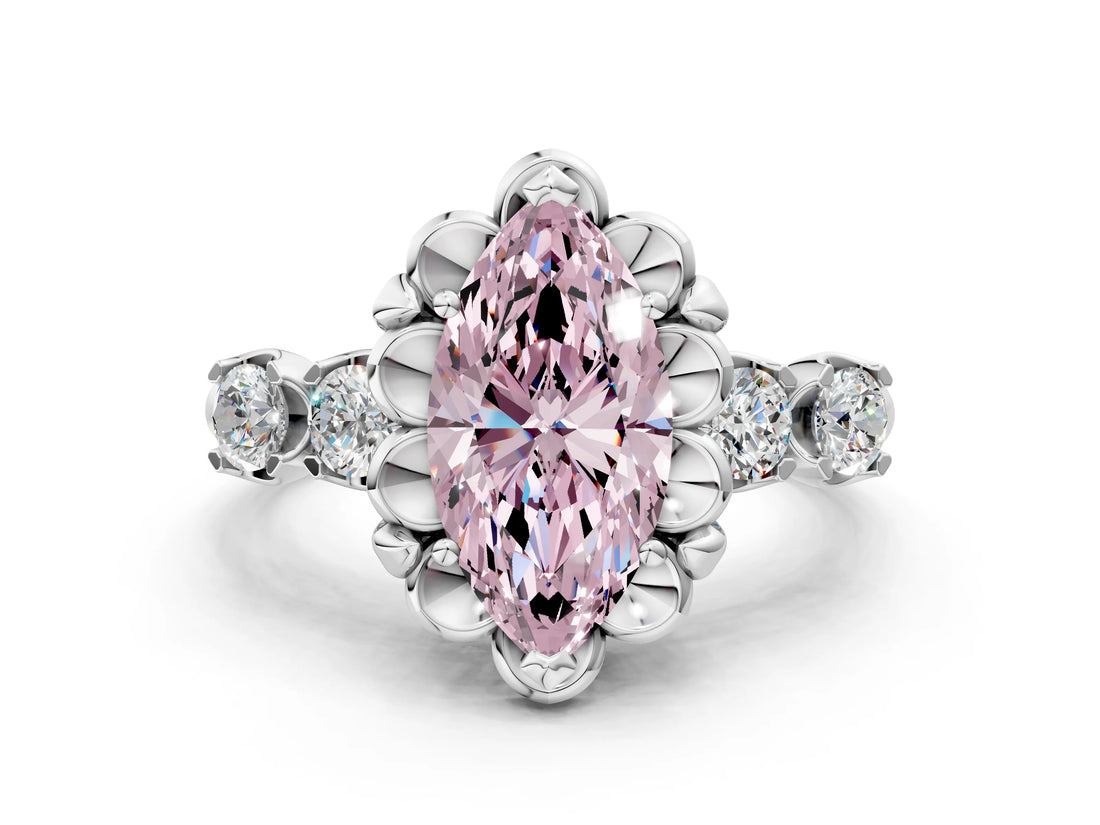 Silver Fancy Pink Marquise  Cut Diamond Floral Halo Engagement Ring with Shared Prong Setting