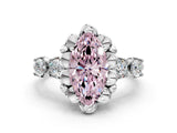 Silver Fancy Pink Marquise  Cut Diamond Floral Halo Engagement Ring with Shared Prong Setting