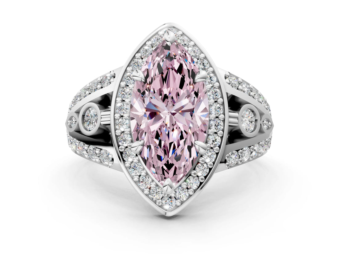 Silver Fancy Pink Marquise Cut Diamond Halo Ring with Split Shank and Bezel Accents and Four-Prong Setting_6
