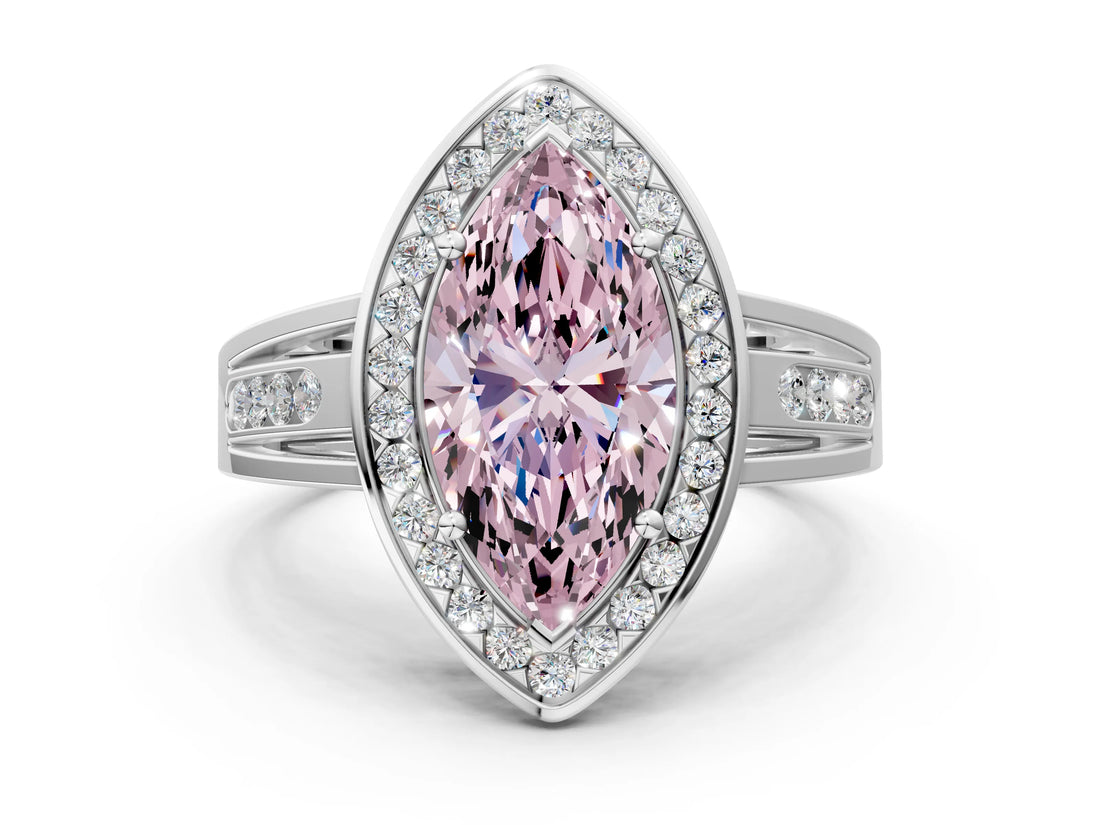 Silver Fancy Pink Marquise Cut Diamond Halo Ring with Split Shank and Bezel Accents and Prong Setting_6