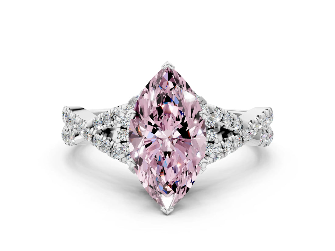 Silver Fancy Pink Marquise Cut Diamond  Halo Twist Band Solitaire Prong Setting Ring_12