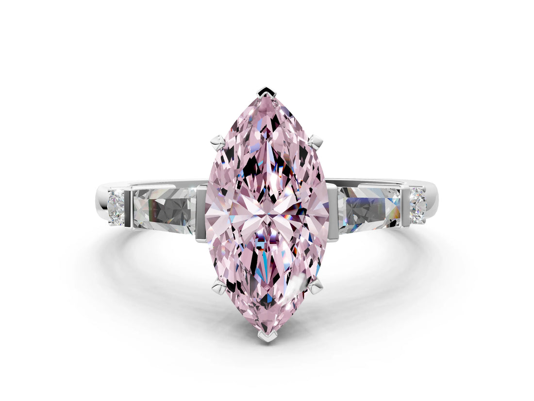 Silver Fancy Pink Marquise  Cut Diamond Ring with Baguette Side Stones, Channel Set Band, and Four-Prong Setting_12
