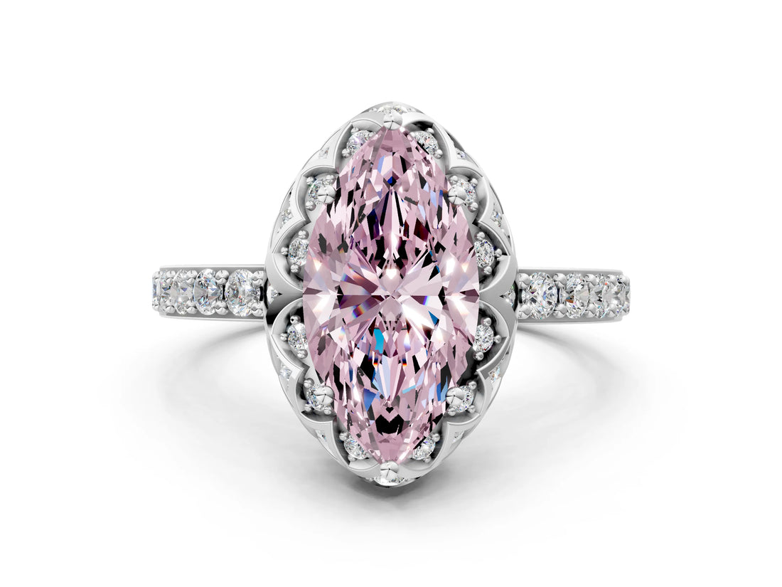 Silver Fancy Pink Marquise Cut Diamond Scalloped Halo Engagement Ring with Round Shared Prong Band