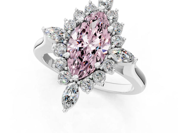 Silver Fancy Pink Marquise Cut Starburst Halo Engagement Ring Setting with Marquise and Round Accents