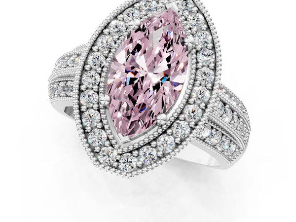 Silver Fancy Pink Marquise Cut Halo Diamond Engagement Ring with Pave Split Shank and Four-Prong Setting