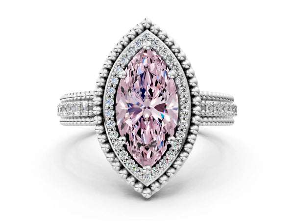 Sterling Silver Marquise Beaded Halo Engagement Ring Setting for Fancy Pink Center with Pave