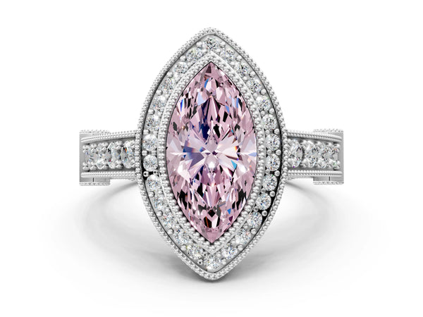 Sterling Silver Marquise Vintage Bezel Halo Engagement Ring Setting for Fancy Pink Center