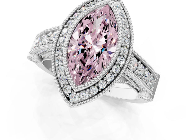Sterling Silver Marquise Vintage Bezel Halo Engagement Ring Setting for Fancy Pink Center