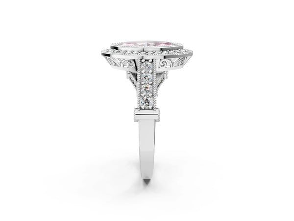 Sterling Silver Marquise Vintage Bezel Halo Engagement Ring Setting for Fancy Pink Center