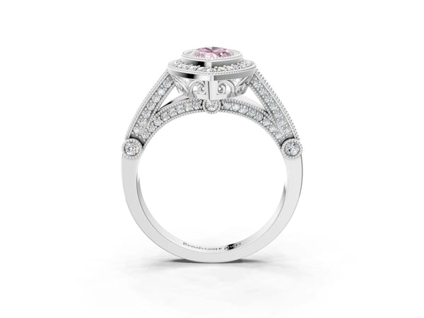 Sterling Silver Marquise Vintage Bezel Halo Engagement Ring Setting for Fancy Pink Center