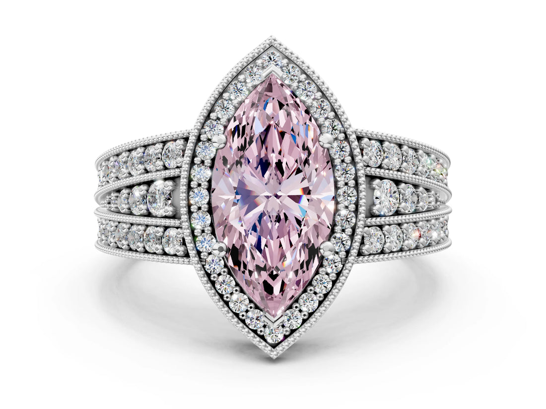 Silver Fancy Pink Marquise Cut Halo Diamond Split Shank Ring with Prong Setting_12