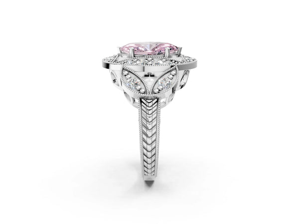 Silver Fancy Pink Marquise Cut Halo Milgrain Diamond Engagement Ring with Leaf Band and Four-Prong Setting